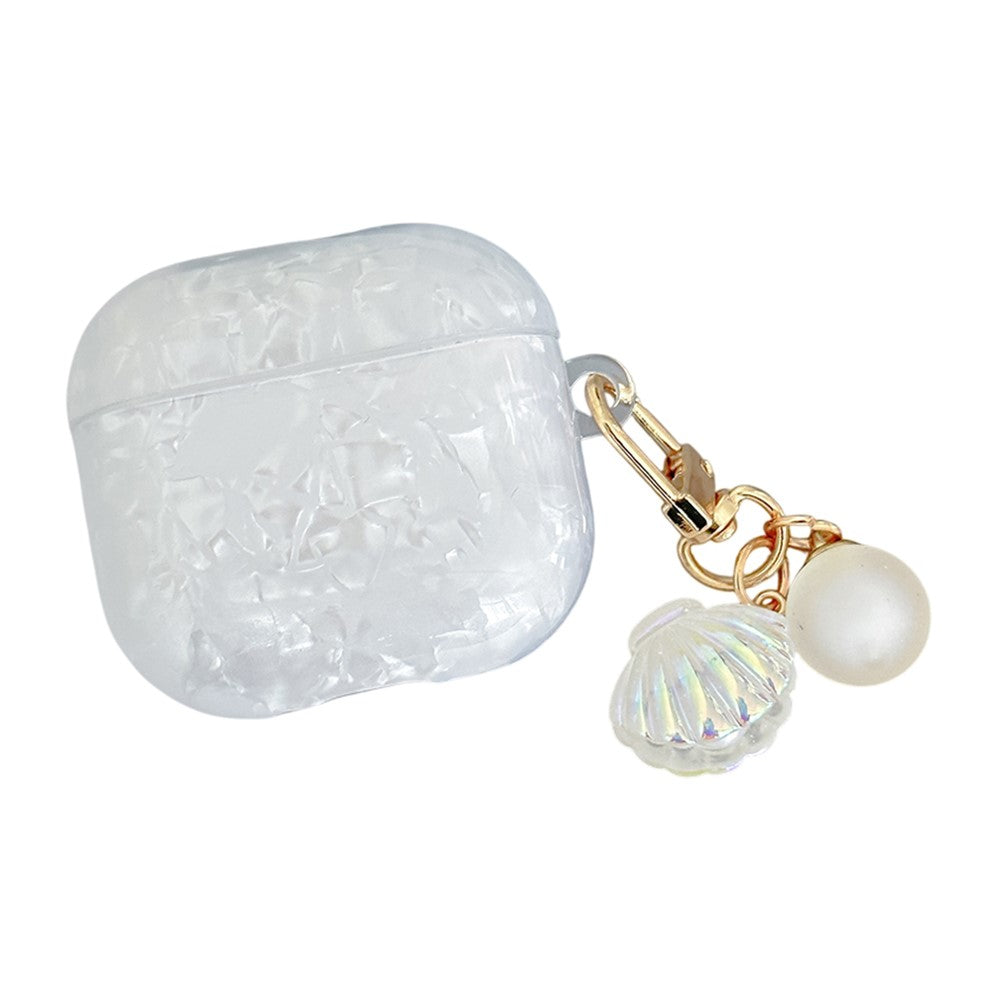 Compatible With  AirPods 5 / 4 Protective Case TPU Earphone Cover with Pearl and Seashell-Shaped Charm - White