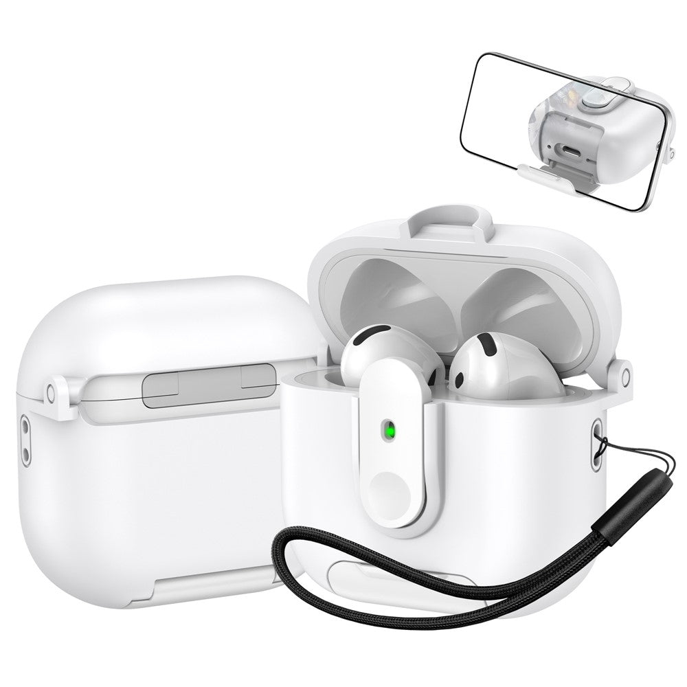 Compatible With  AirPods 5 / 4 Protective Case Switch Lock Earbuds Cover with Stand and Lanyard - White