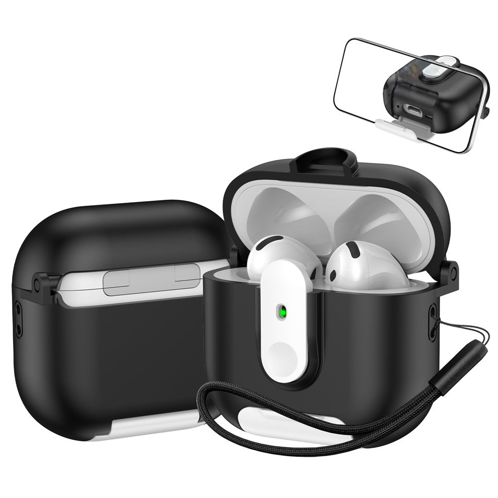 Compatible With  AirPods 5 / 4 Protective Case Switch Lock Earbuds Cover with Stand and Lanyard - Black  /  White