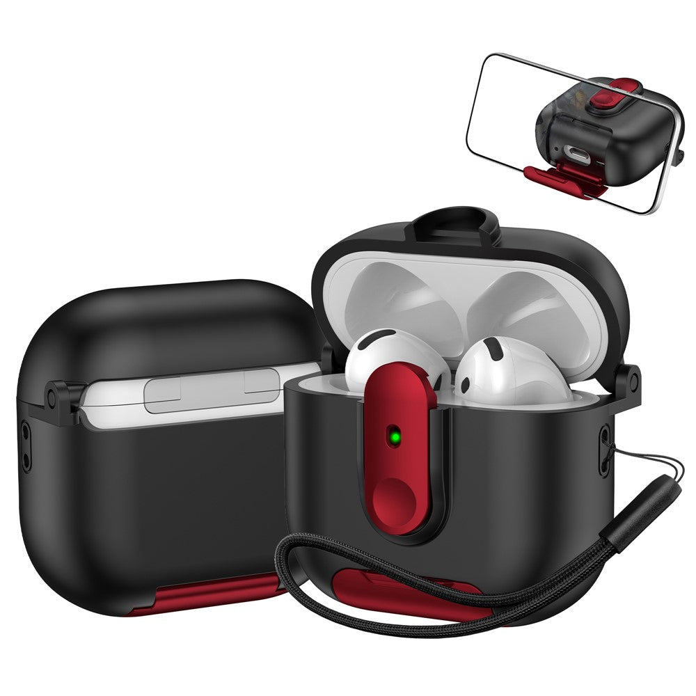 Compatible With  AirPods 5 / 4 Protective Case Switch Lock Earbuds Cover with Stand and Lanyard - Black  /  Red