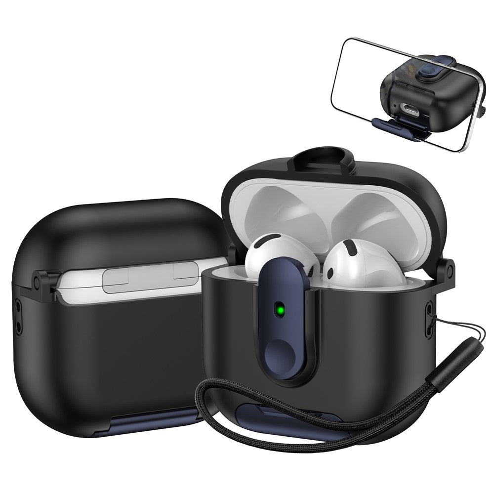 Compatible With  AirPods 5 / 4 Protective Case Switch Lock Earbuds Cover with Stand and Lanyard - Black  /  Blue