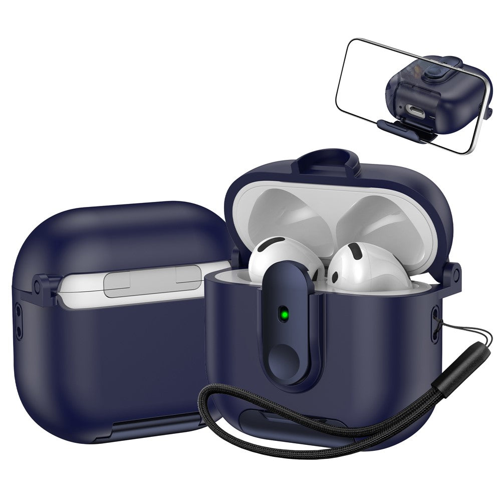 Compatible With  AirPods 5 / 4 Protective Case Switch Lock Earbuds Cover with Stand and Lanyard - Dark Blue