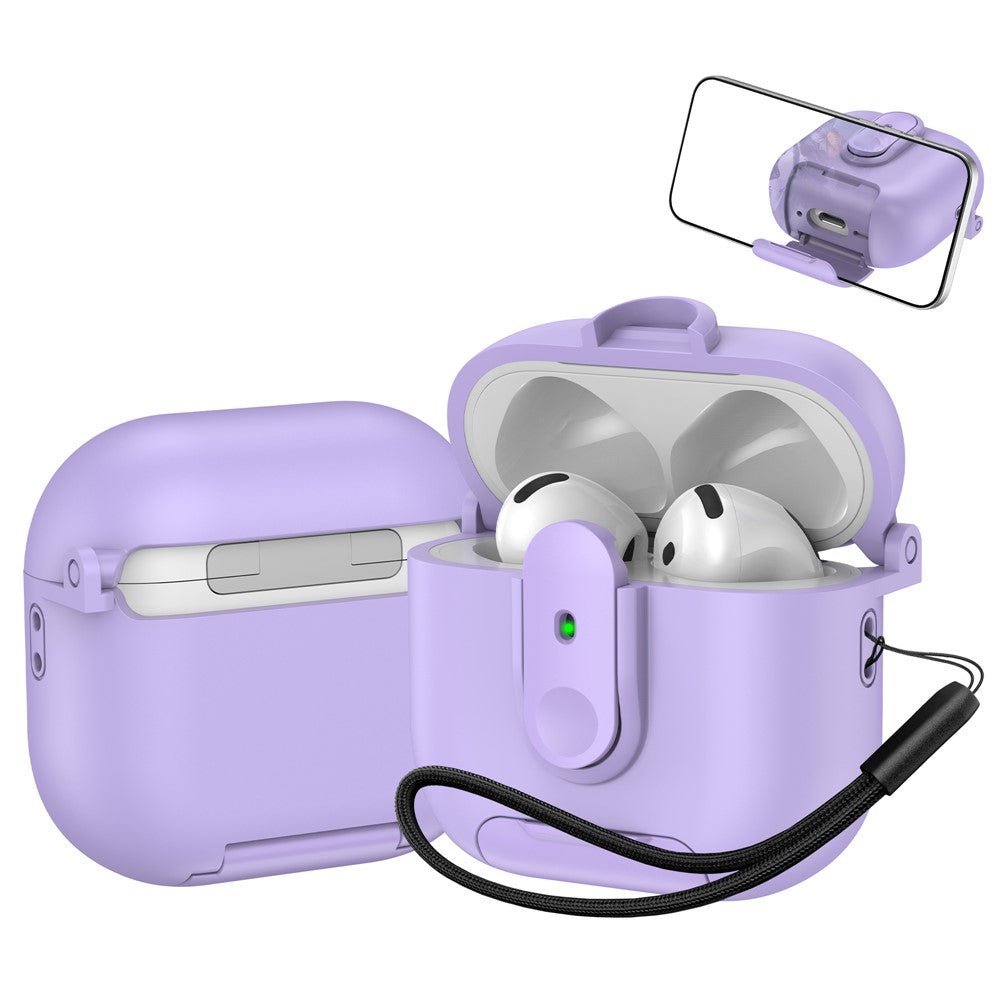 Compatible With  AirPods 5 / 4 Protective Case Switch Lock Earbuds Cover with Stand and Lanyard - Purple