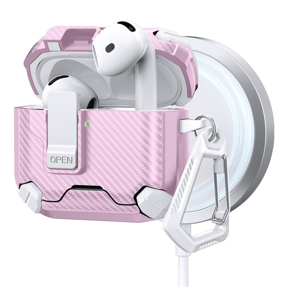 Compatible With  AirPods 5 / 4 Case Canbon Fiber Texture Compatible with MagSafe TPU PC Earbuds Cover with Carabiner - White  /  Pink