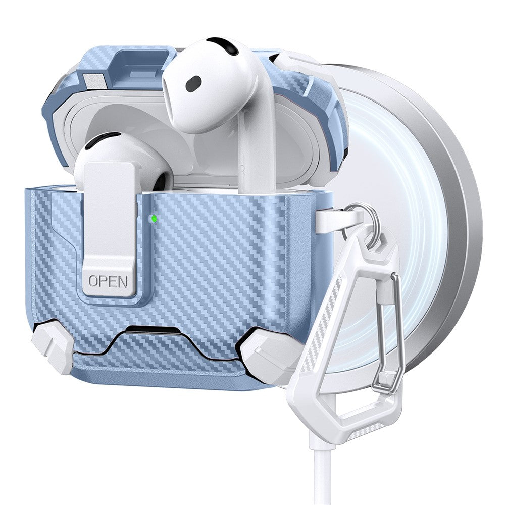 Compatible With  AirPods 5 / 4 Case Canbon Fiber Texture Compatible with MagSafe TPU PC Earbuds Cover with Carabiner - White  /  Baby Blue