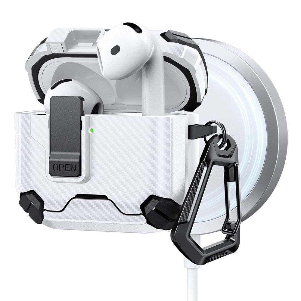 Compatible With  AirPods 5 / 4 Case Canbon Fiber Texture Compatible with MagSafe TPU PC Earbuds Cover with Carabiner - Black  /  White