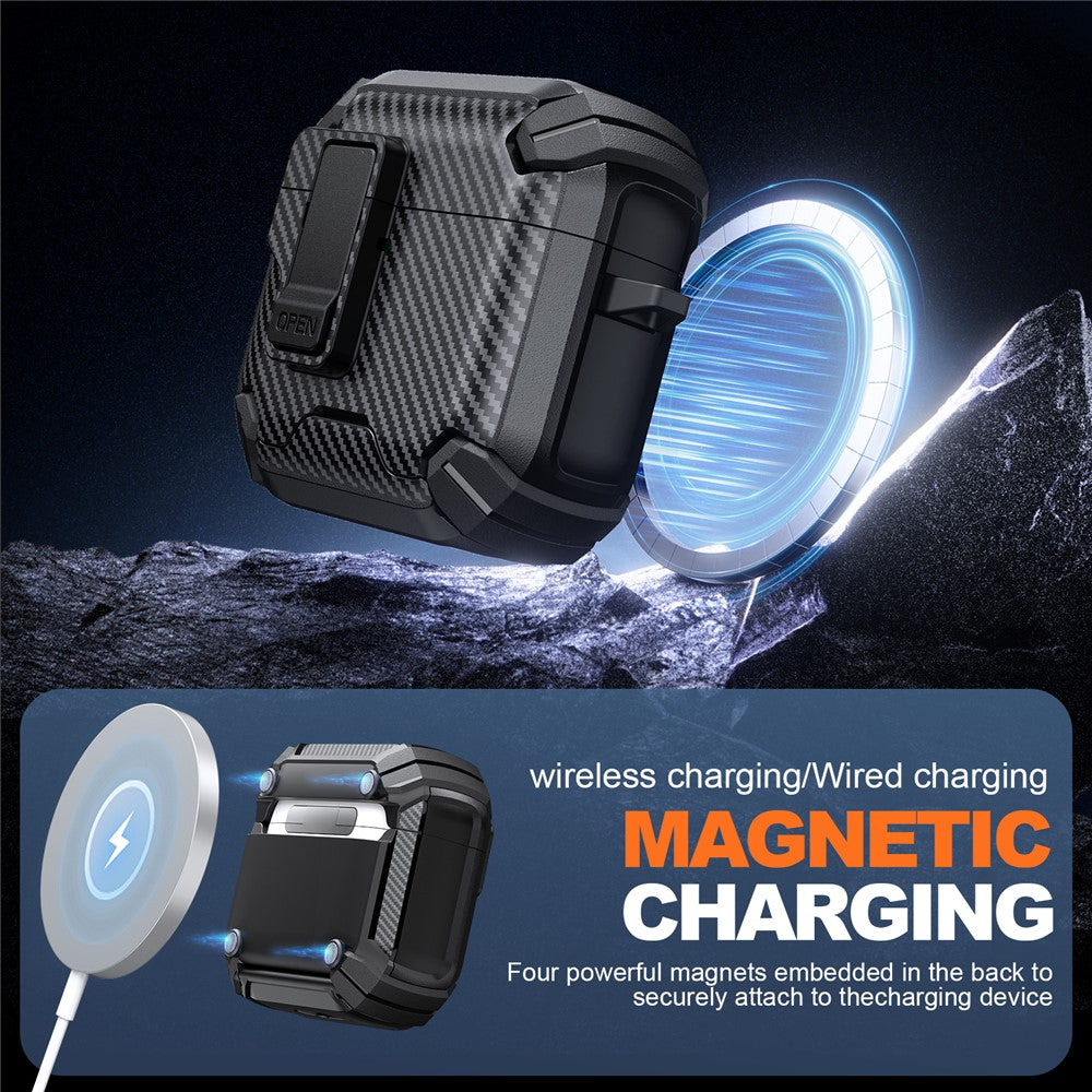 Compatible With  AirPods 5 / 4 Case Canbon Fiber Texture Compatible with MagSafe TPU PC Earbuds Cover with Carabiner - Black  /  White