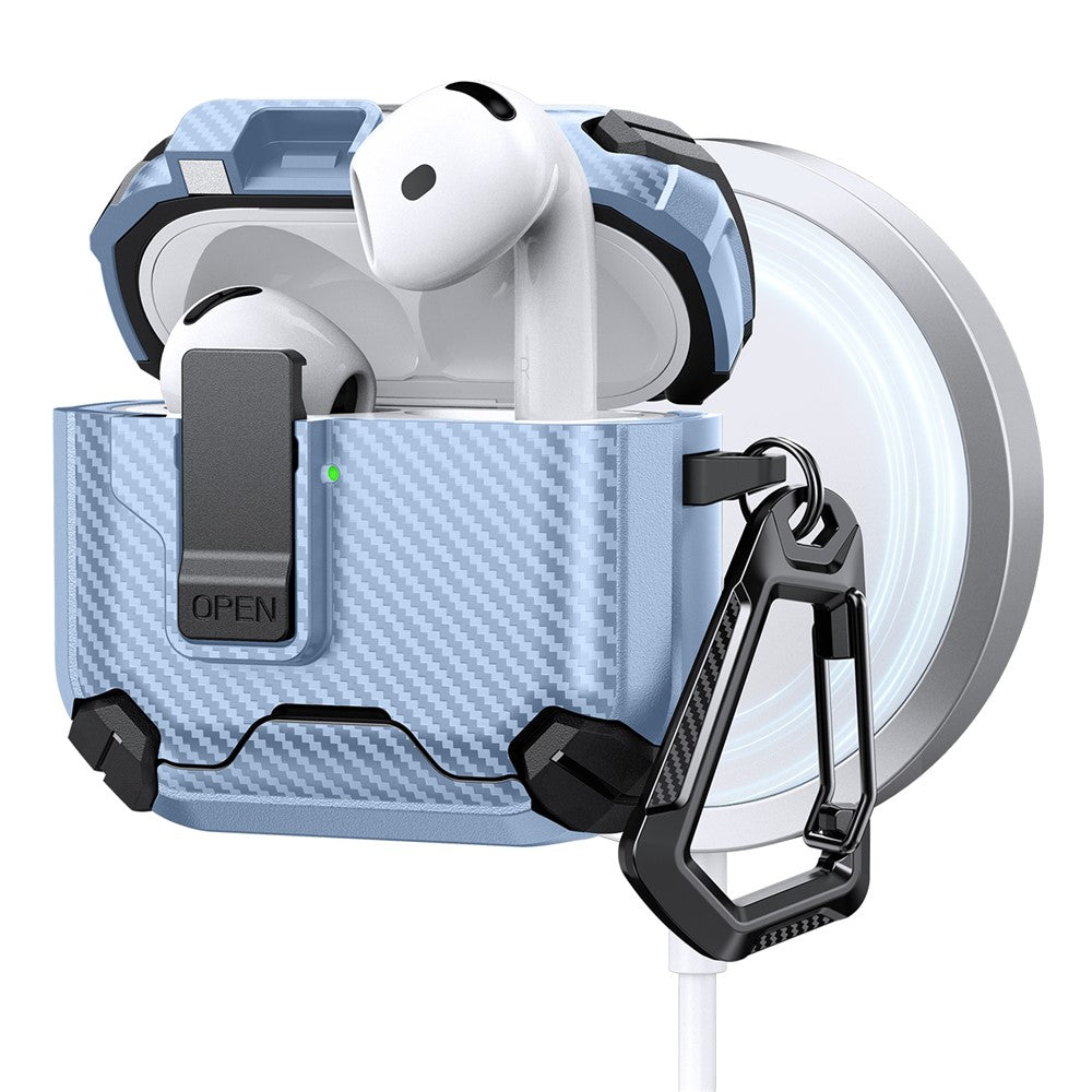 Compatible With  AirPods 5 / 4 Case Canbon Fiber Texture Compatible with MagSafe TPU PC Earbuds Cover with Carabiner - Baby Blue