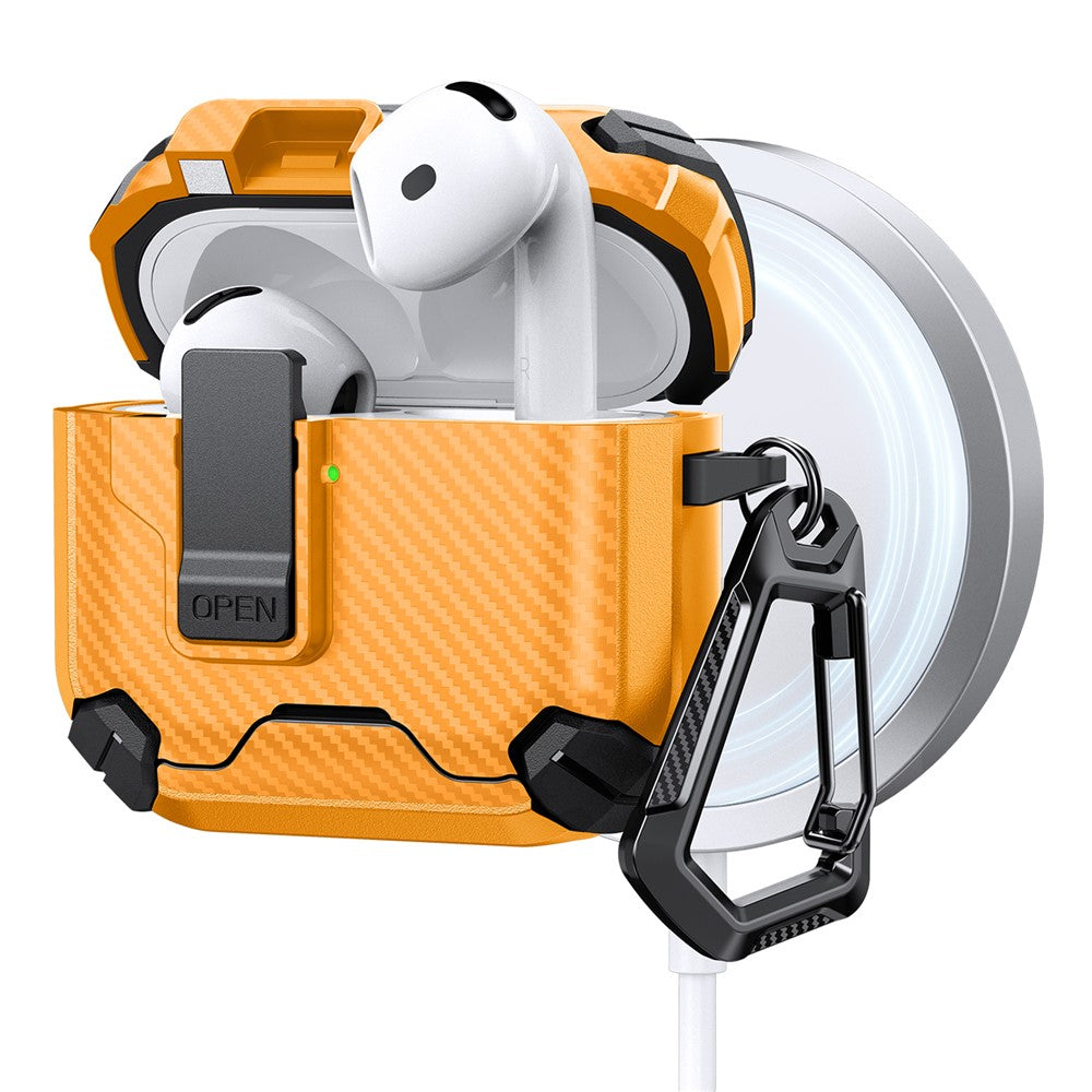 Compatible With  AirPods 5 / 4 Case Canbon Fiber Texture Compatible with MagSafe TPU PC Earbuds Cover with Carabiner - Yellow