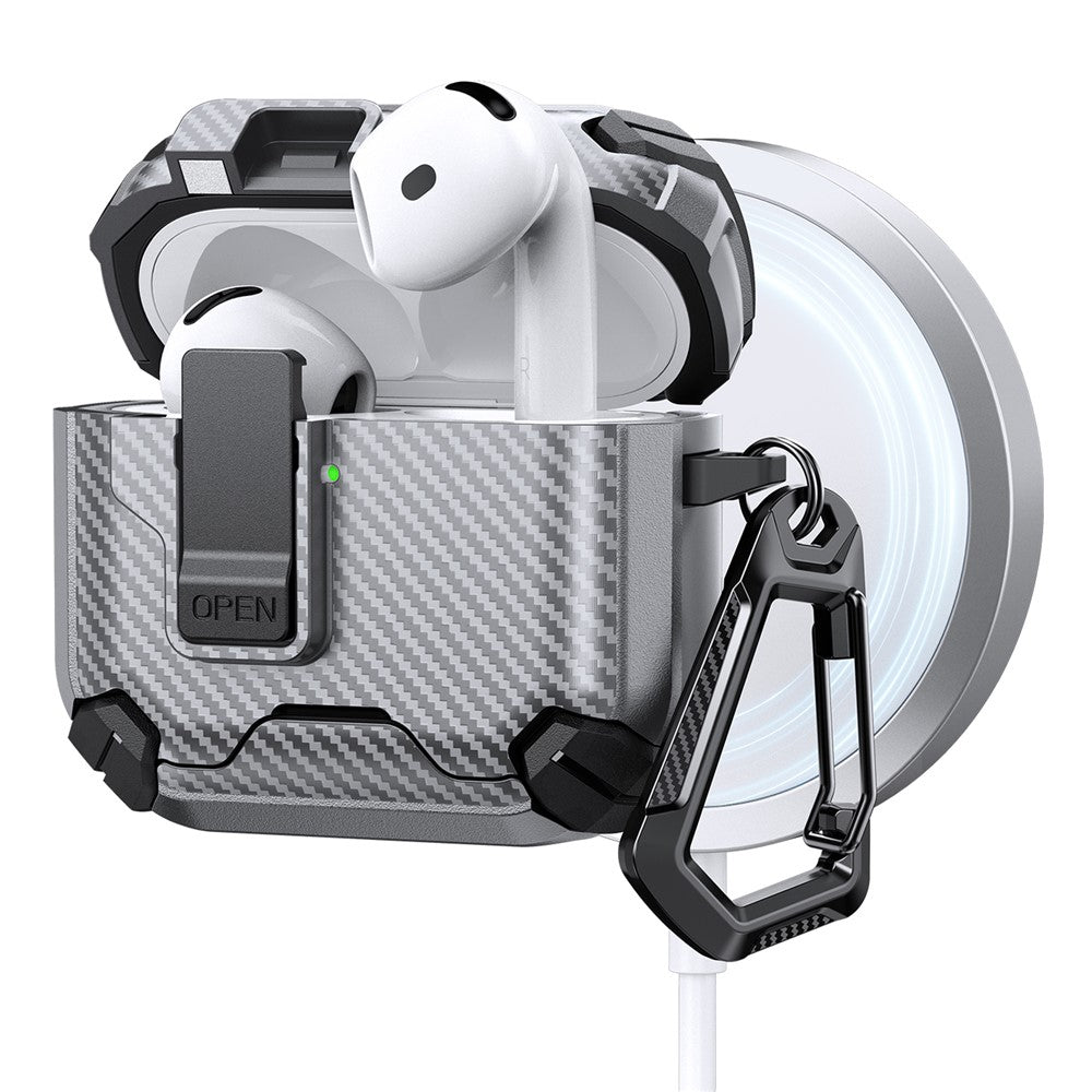 Compatible With  AirPods 5 / 4 Case Canbon Fiber Texture Compatible with MagSafe TPU PC Earbuds Cover with Carabiner - Grey