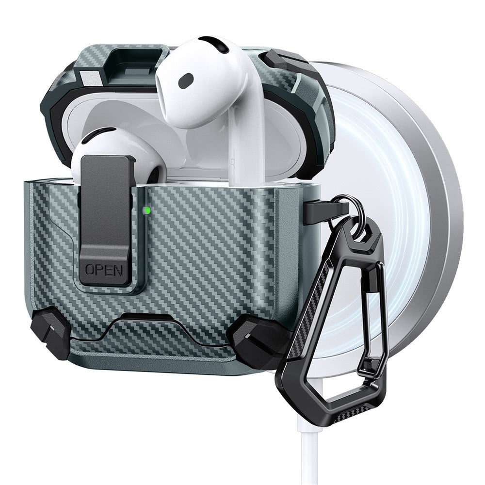 Compatible With  AirPods 5 / 4 Case Canbon Fiber Texture Compatible with MagSafe TPU PC Earbuds Cover with Carabiner - Green