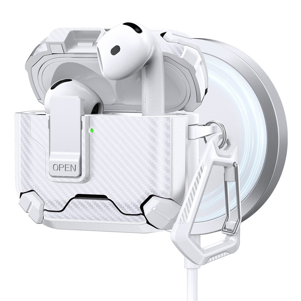 Compatible With  AirPods 5 / 4 Case Canbon Fiber Texture Compatible with MagSafe TPU PC Earbuds Cover with Carabiner - White