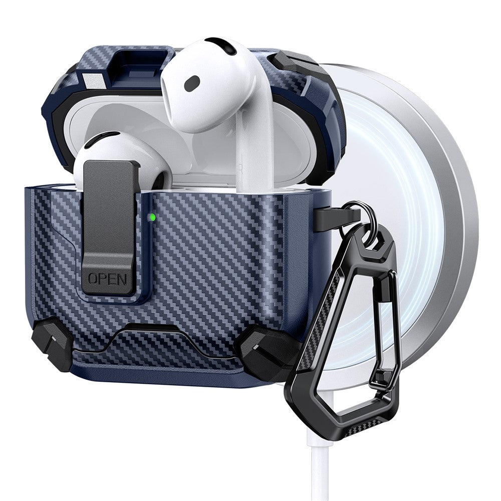 Compatible With  AirPods 5 / 4 Case Canbon Fiber Texture Compatible with MagSafe TPU PC Earbuds Cover with Carabiner - Dark Blue