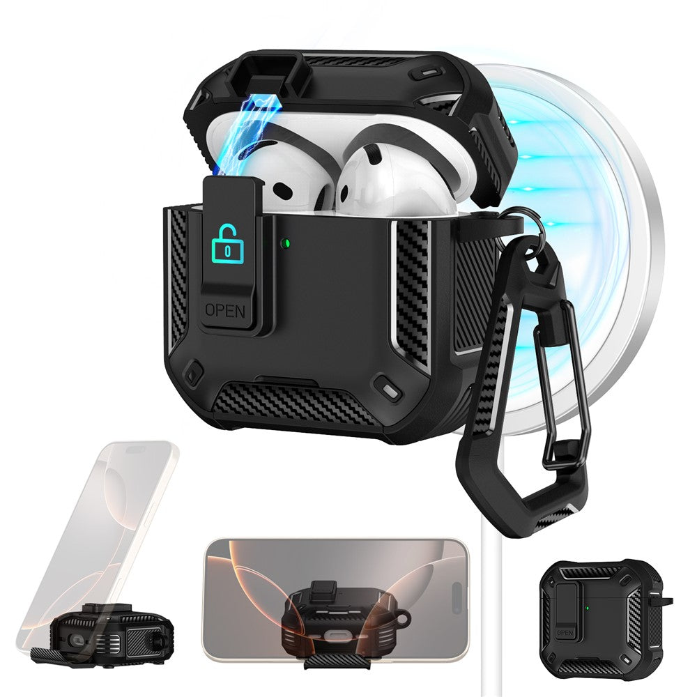 Compatible With  AirPods 5 / 4 Case Compatible with MagSafe TPU PC Earbuds Cover with Carabiner  /  Stand - Black  /  Green