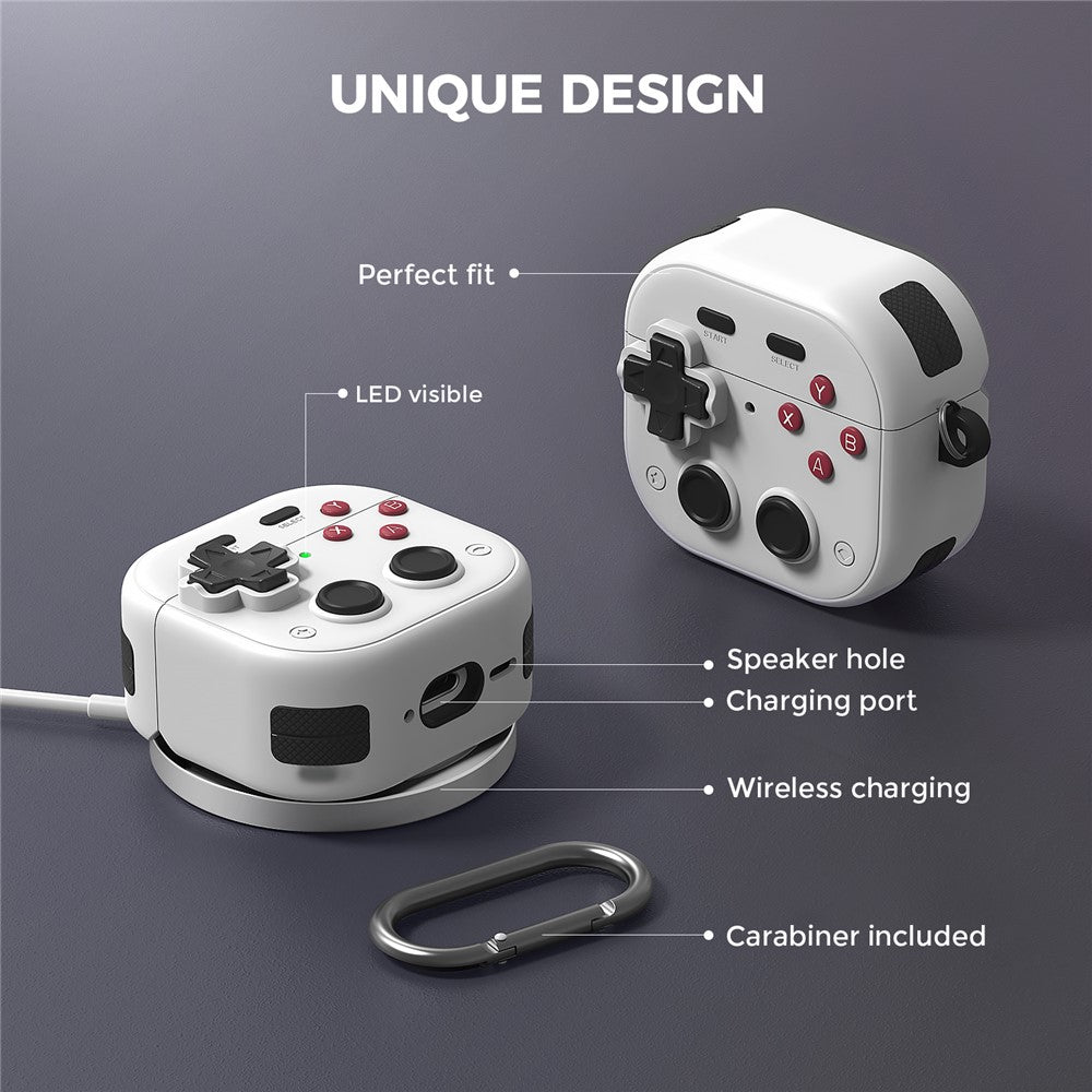 AHASTYLE WG175 Compatible With  AirPods 5 / 4 Protective Case Game Console Design Silicone Earphone Cover with Carabiner - White