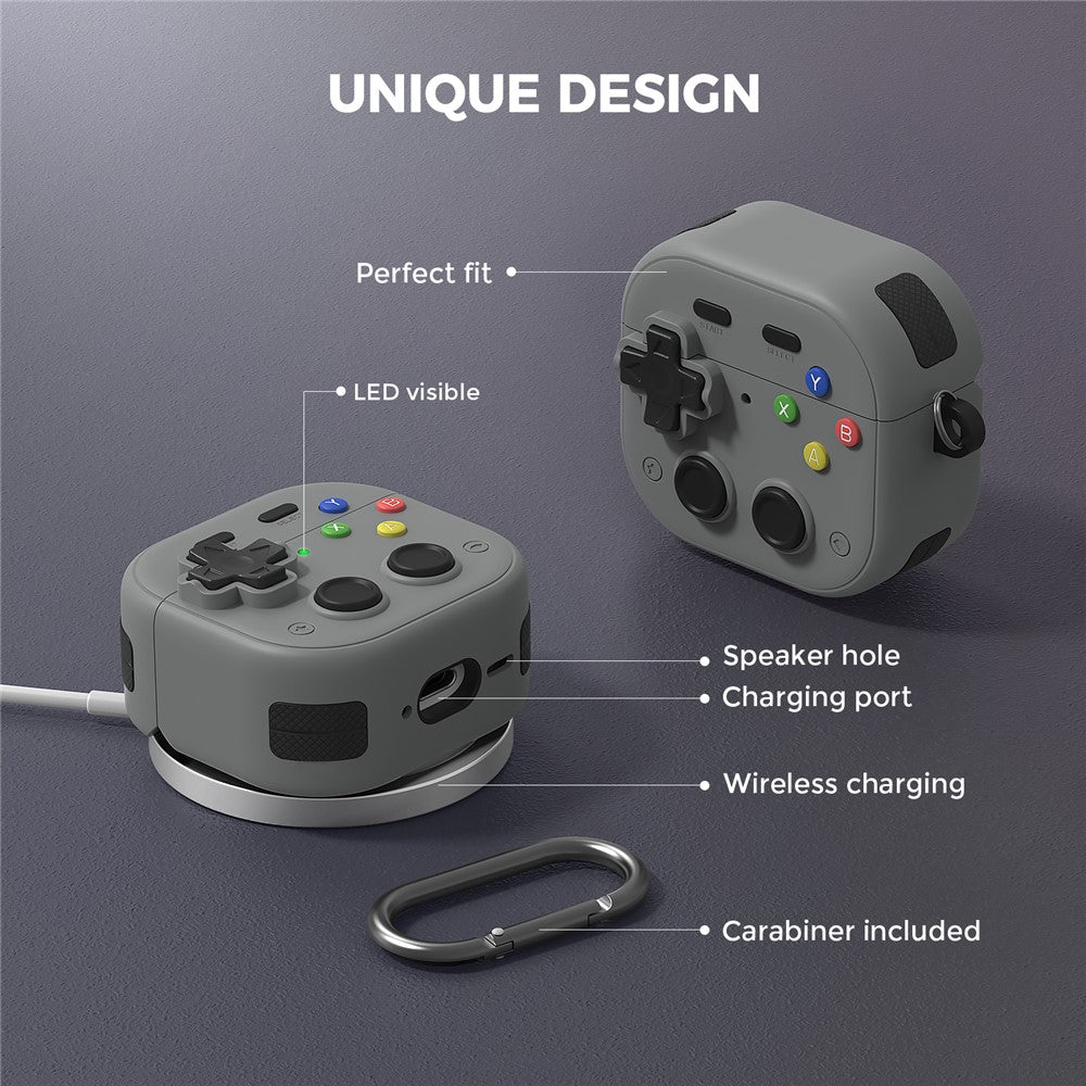 AHASTYLE WG175 Compatible With  AirPods 5 / 4 Protective Case Game Console Design Silicone Earphone Cover with Carabiner - Light Grey