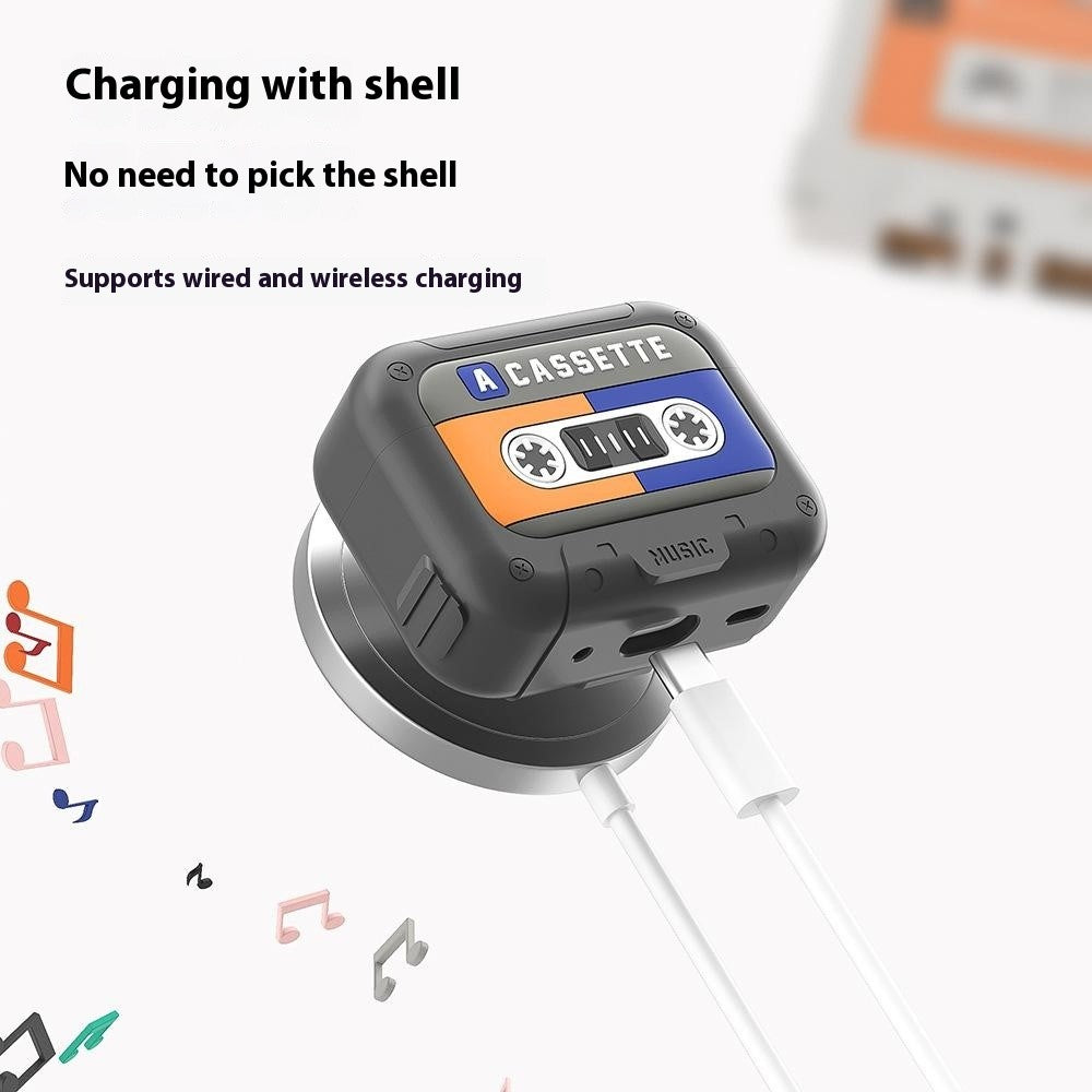 Compatible With  AirPods 5 / 4 Silicone Case Retro Cassette Style Earphone Protective Cover with Strap - Yellow + Blue