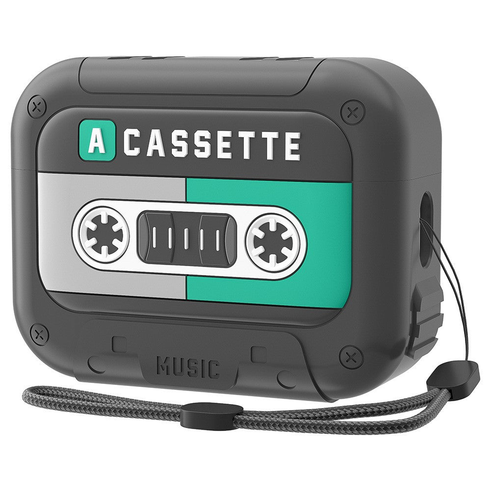 Compatible With  AirPods 5 / 4 Silicone Case Retro Cassette Style Earphone Protective Cover with Strap - Grey + Green