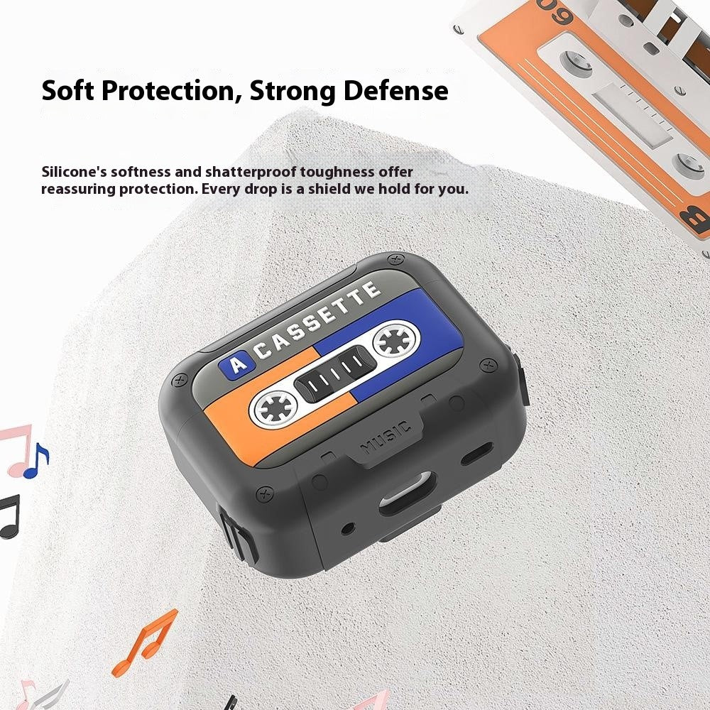 Compatible With  AirPods 5 / 4 Silicone Case Retro Cassette Style Earphone Protective Cover with Strap - Grey + Green