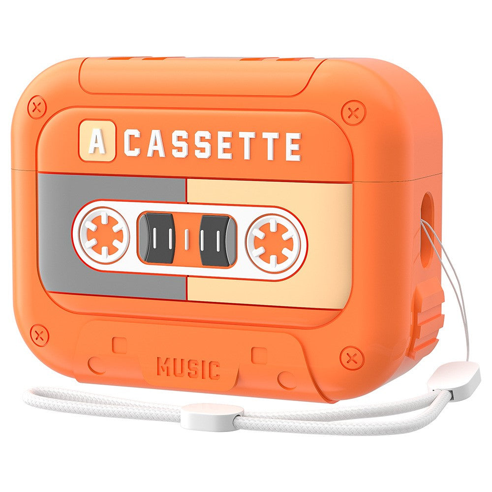Compatible With  AirPods 5 / 4 Silicone Case Retro Cassette Style Earphone Protective Cover with Strap - Orange
