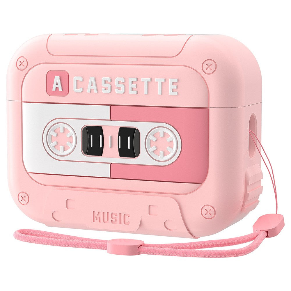 Compatible With  AirPods 5 / 4 Silicone Case Retro Cassette Style Earphone Protective Cover with Strap - Light Pink