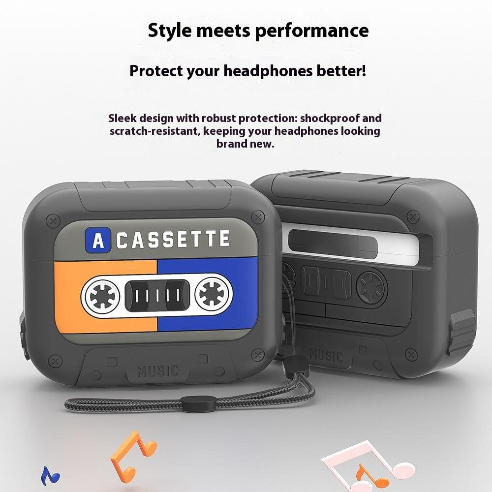 Compatible With  AirPods 5 / 4 Silicone Case Retro Cassette Style Earphone Protective Cover with Strap - Light Pink