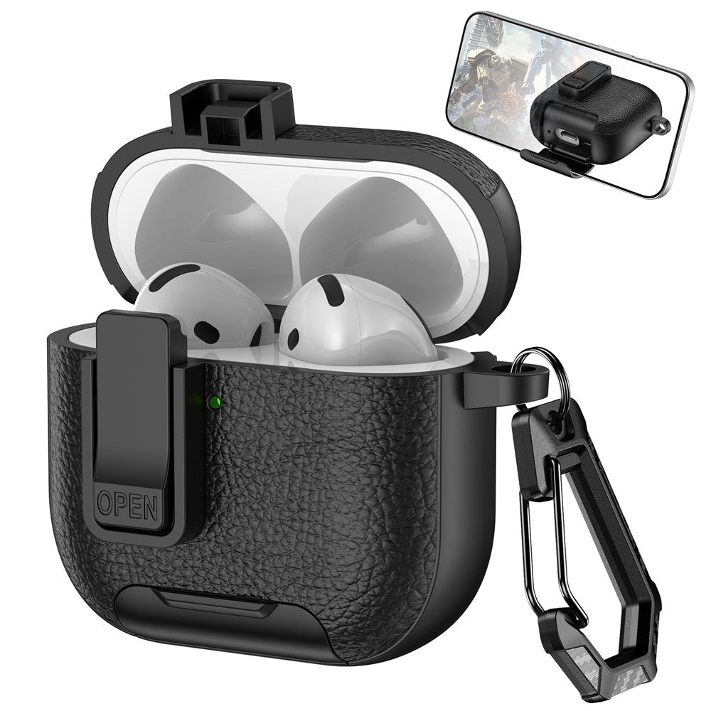 Compatible With  AirPods 5 / 4 Case Leather Texture Lock Stand Design Earphone Protective Cover with Carabiner - Black