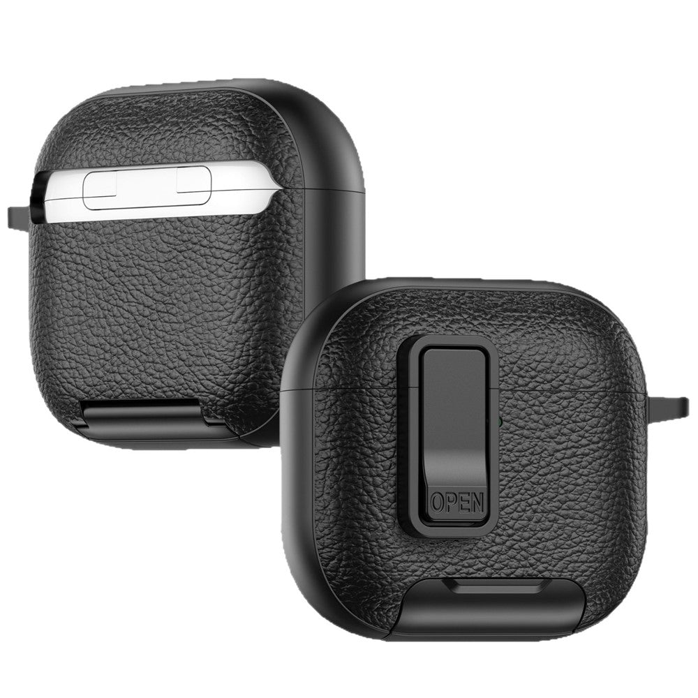 Compatible With  AirPods 5 / 4 Case Leather Texture Lock Stand Design Earphone Protective Cover with Carabiner - Black