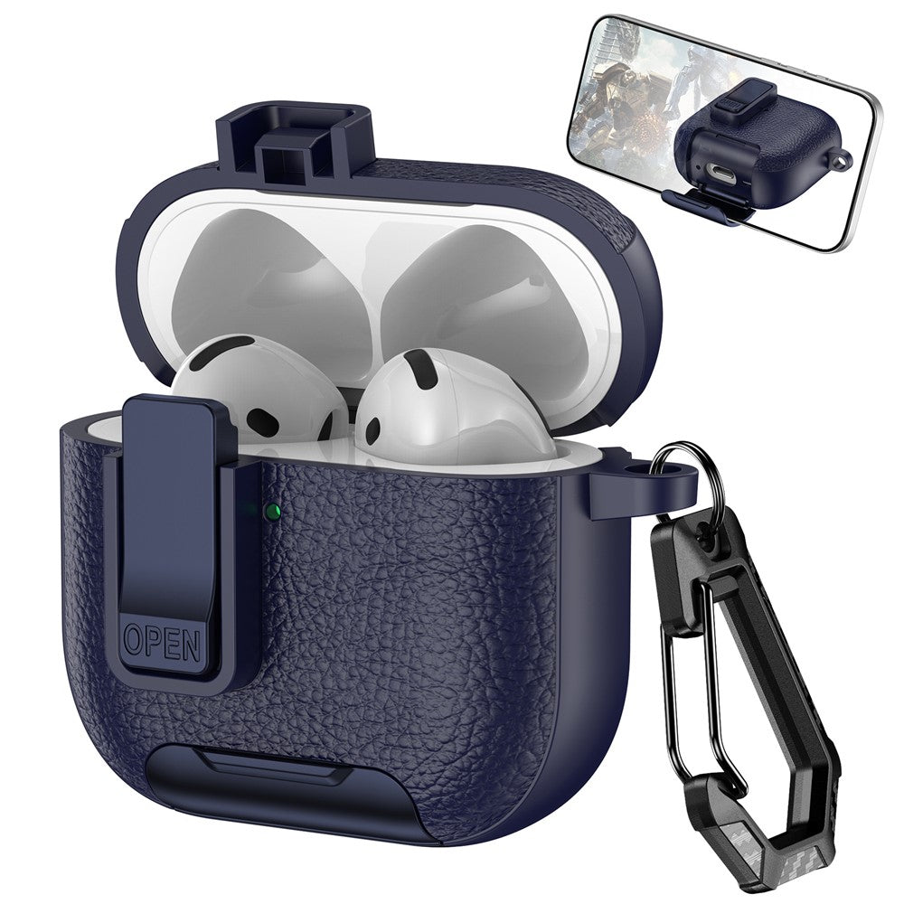 Compatible With  AirPods 5 / 4 Case Leather Texture Lock Stand Design Earphone Protective Cover with Carabiner - Dark Blue