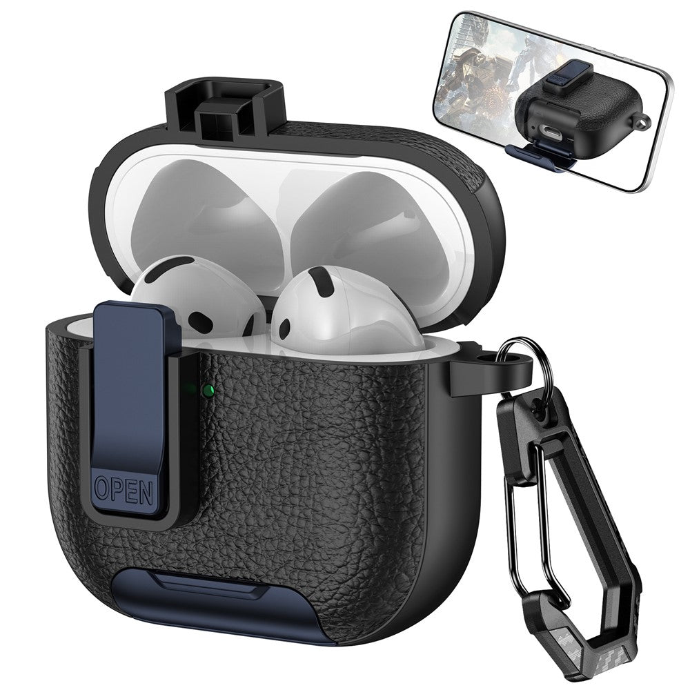 Compatible With  AirPods 5 / 4 Case Leather Texture Lock Stand Design Earphone Protective Cover with Carabiner - Black + Dark Blue