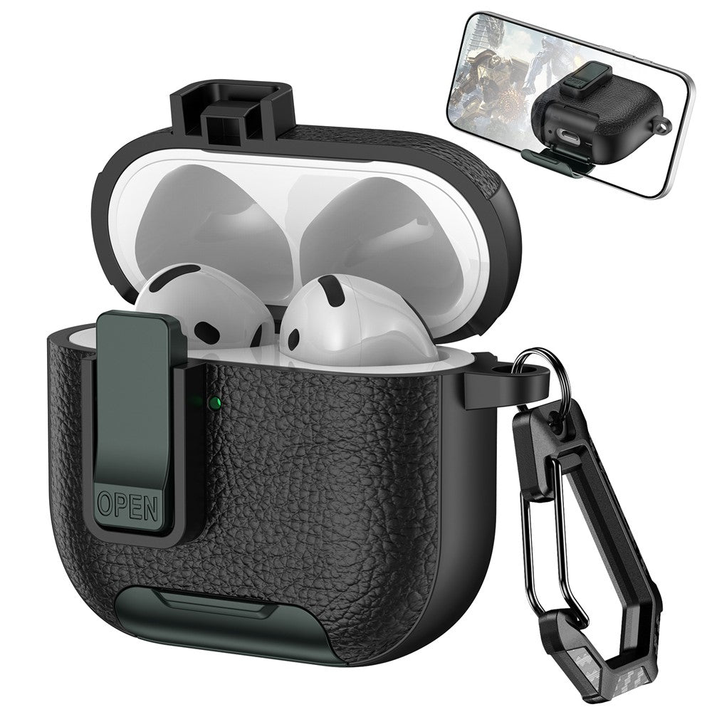 Compatible With  AirPods 5 / 4 Case Leather Texture Lock Stand Design Earphone Protective Cover with Carabiner - Black + Green