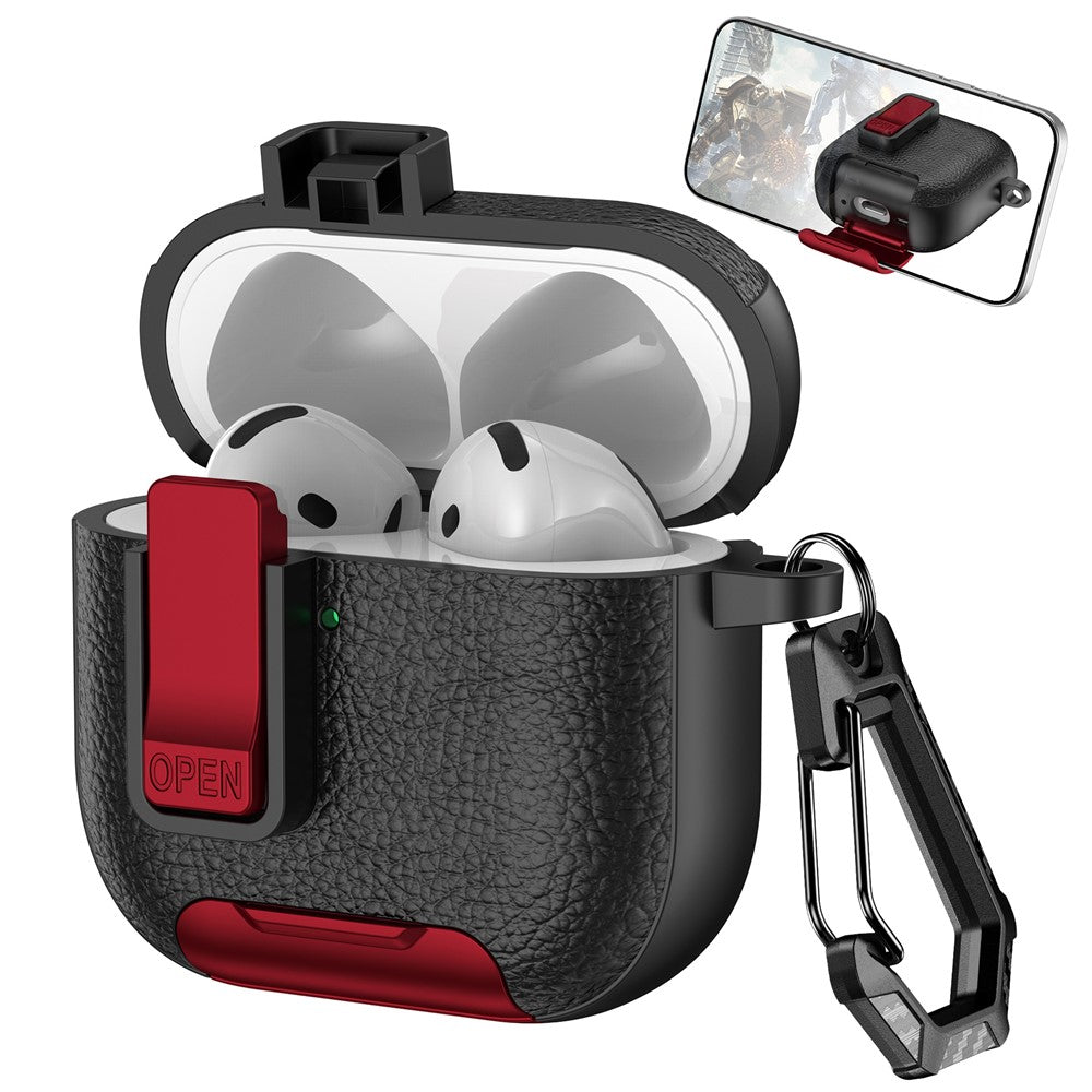 Compatible With  AirPods 5 / 4 Case Leather Texture Lock Stand Design Earphone Protective Cover with Carabiner - Black + Red