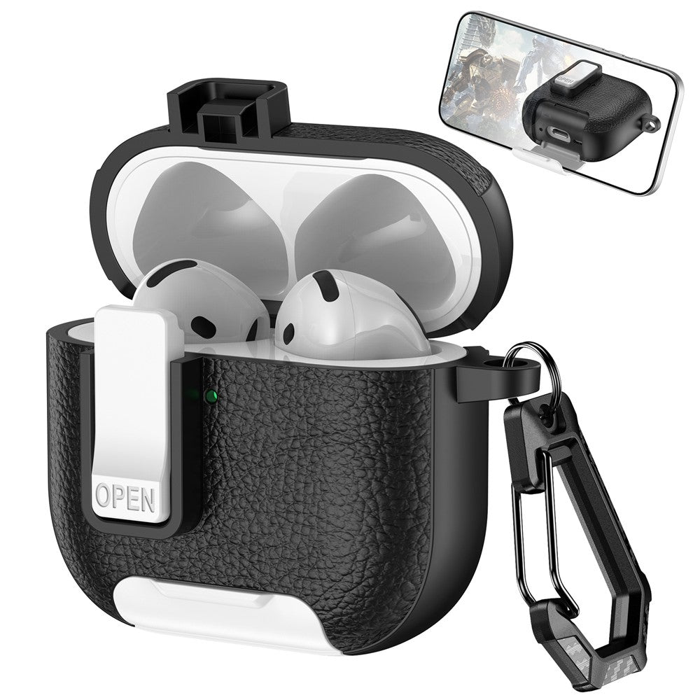 Compatible With  AirPods 5 / 4 Case Leather Texture Lock Stand Design Earphone Protective Cover with Carabiner - Black + White