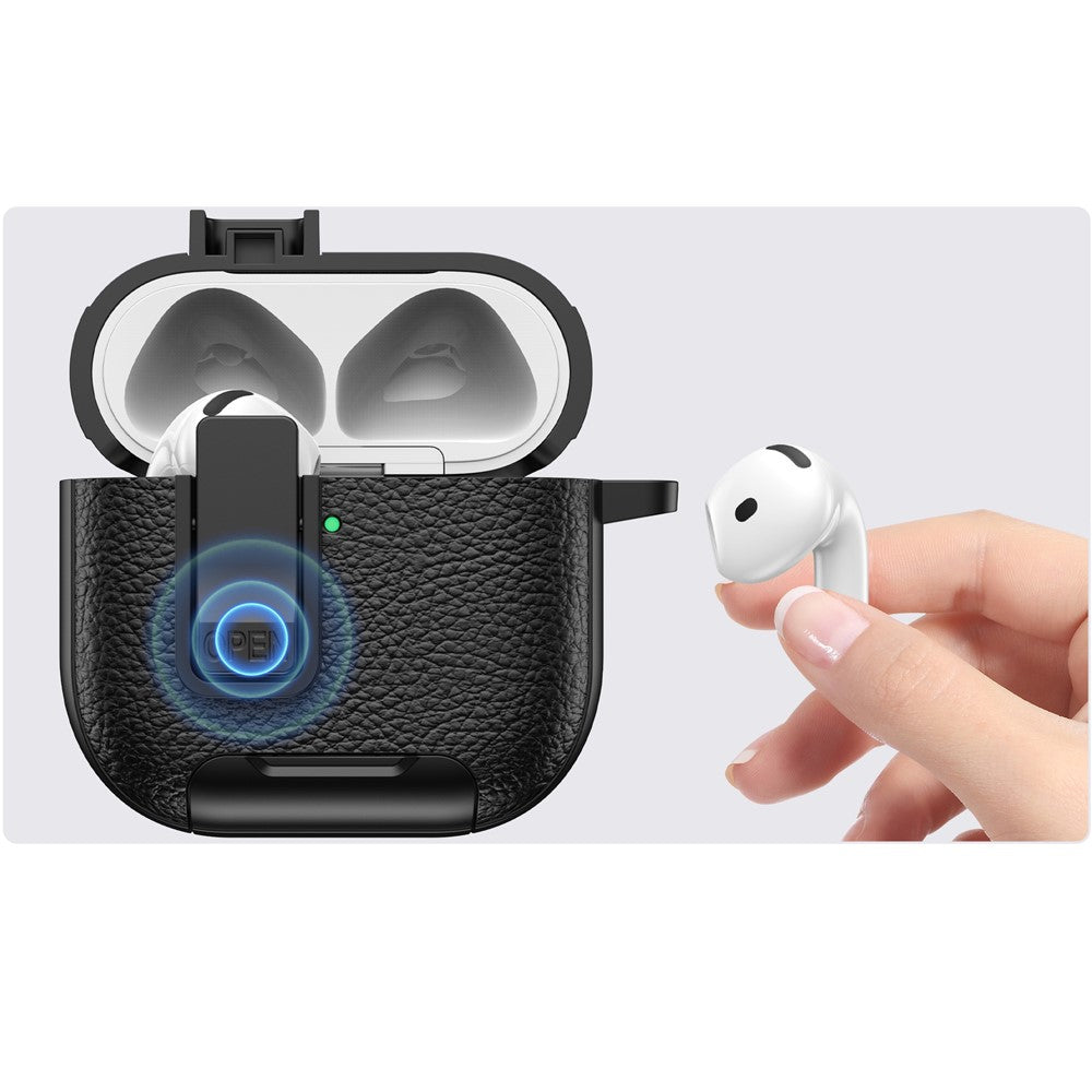 Compatible With  AirPods 5 / 4 Case Leather Texture Lock Stand Design Earphone Protective Cover with Carabiner - Black + White