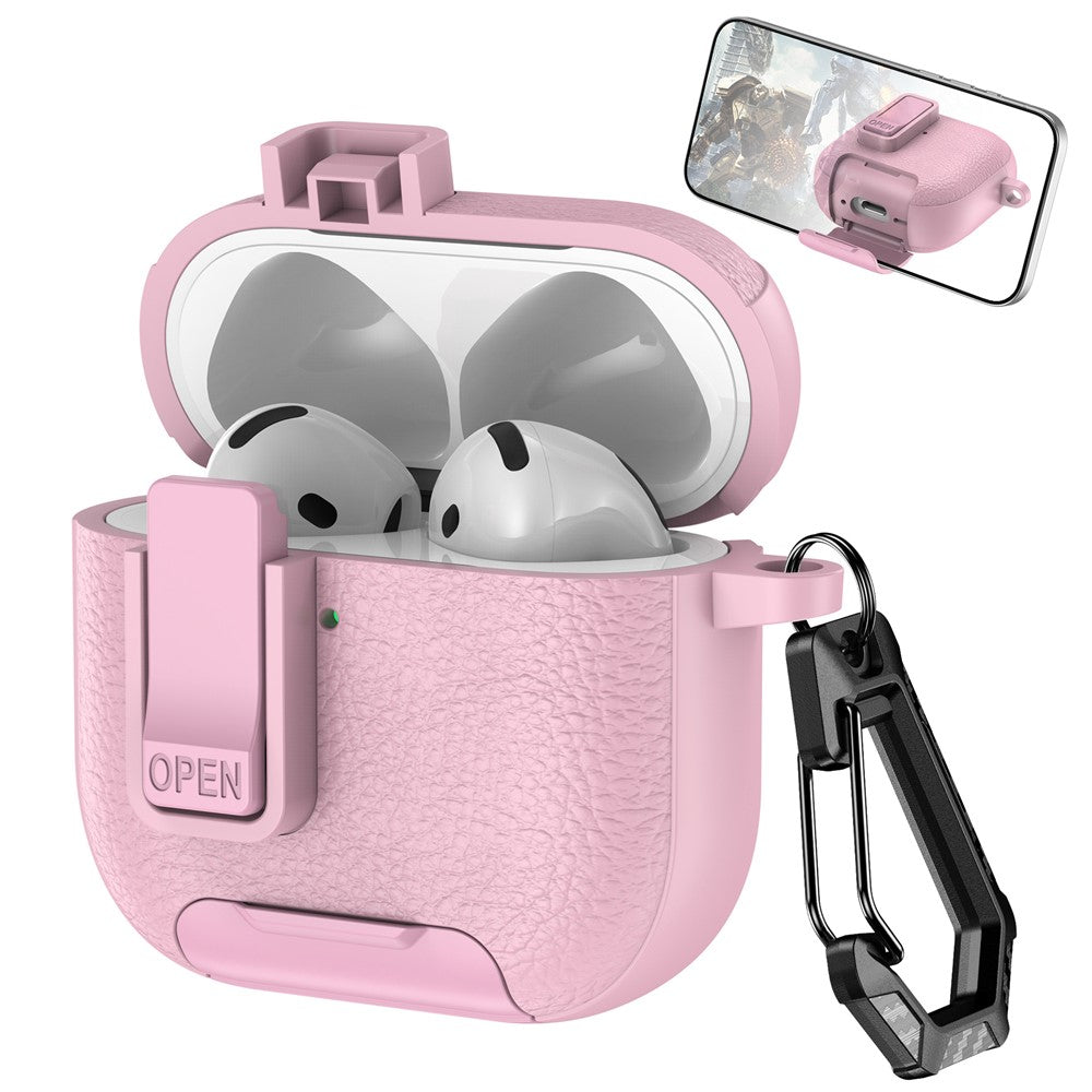 Compatible With  AirPods 5 / 4 Case Leather Texture Lock Stand Design Earphone Protective Cover with Carabiner - Pink