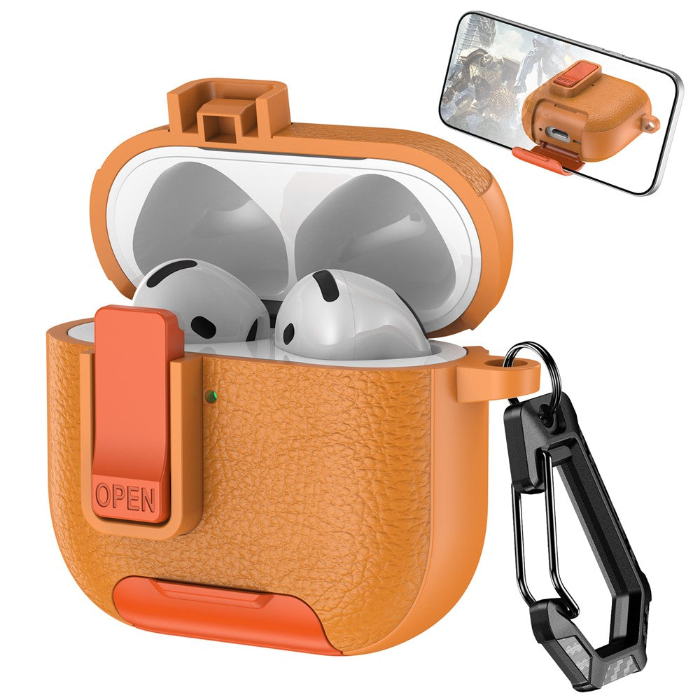 Compatible With  AirPods 5 / 4 Case Leather Texture Lock Stand Design Earphone Protective Cover with Carabiner - Orange