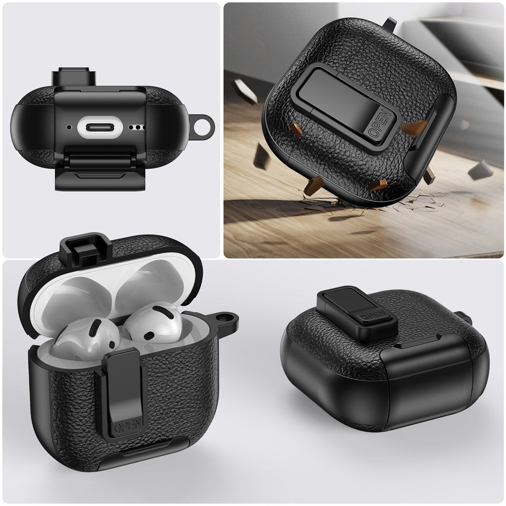 Compatible With  AirPods 5 / 4 Case Leather Texture Lock Stand Design Earphone Protective Cover with Carabiner - Orange