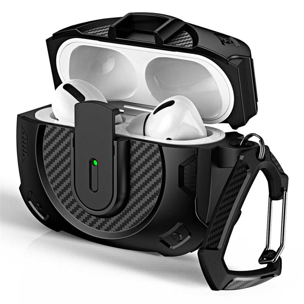 COTECI Compatible With  AirPods 5 / 4 Battle Armor Case Carbon Fiber PC + TPU Earphone Cover with Carabiner - Black