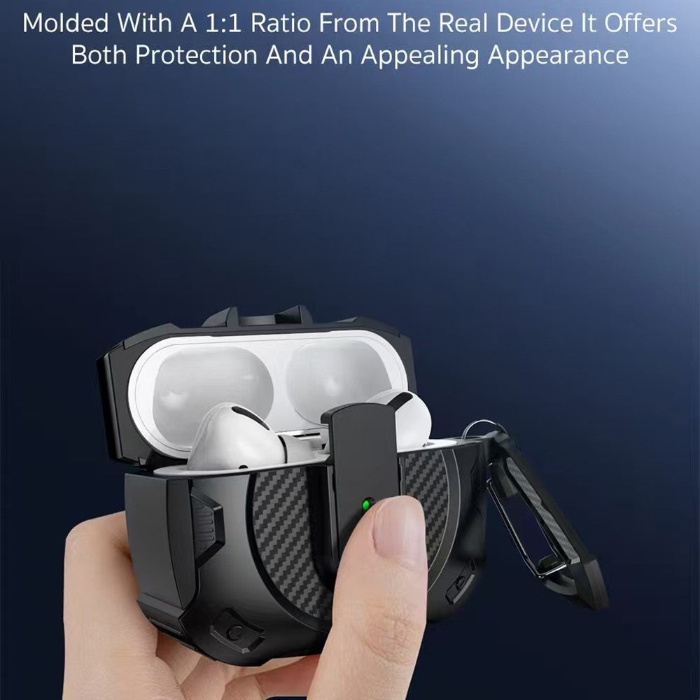 COTECI Compatible With  AirPods 5 / 4 Battle Armor Case Carbon Fiber PC + TPU Earphone Cover with Carabiner - Black