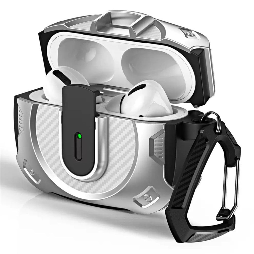 COTECI Compatible With  AirPods 5 / 4 Battle Armor Case Carbon Fiber PC + TPU Earphone Cover with Carabiner - Silver