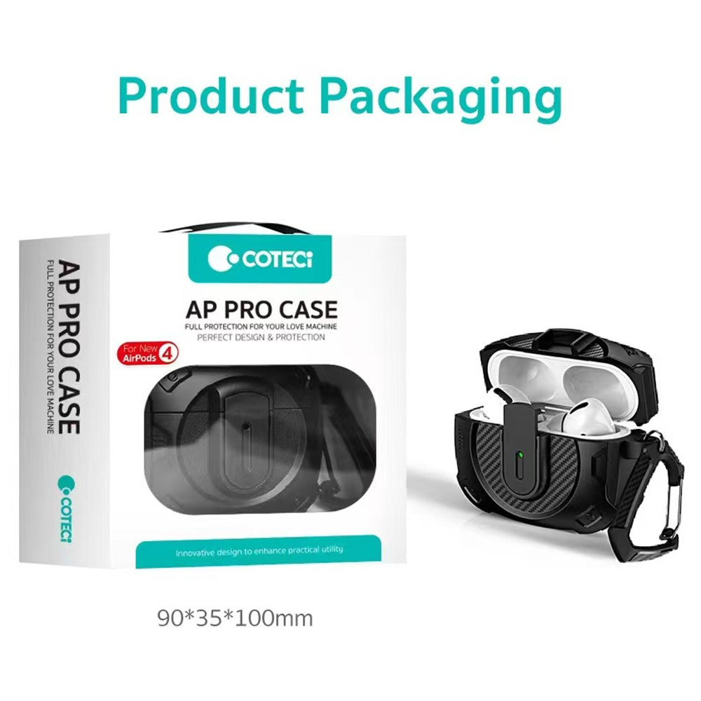 COTECI Compatible With  AirPods 5 / 4 Battle Armor Case Carbon Fiber PC + TPU Earphone Cover with Carabiner - Silver