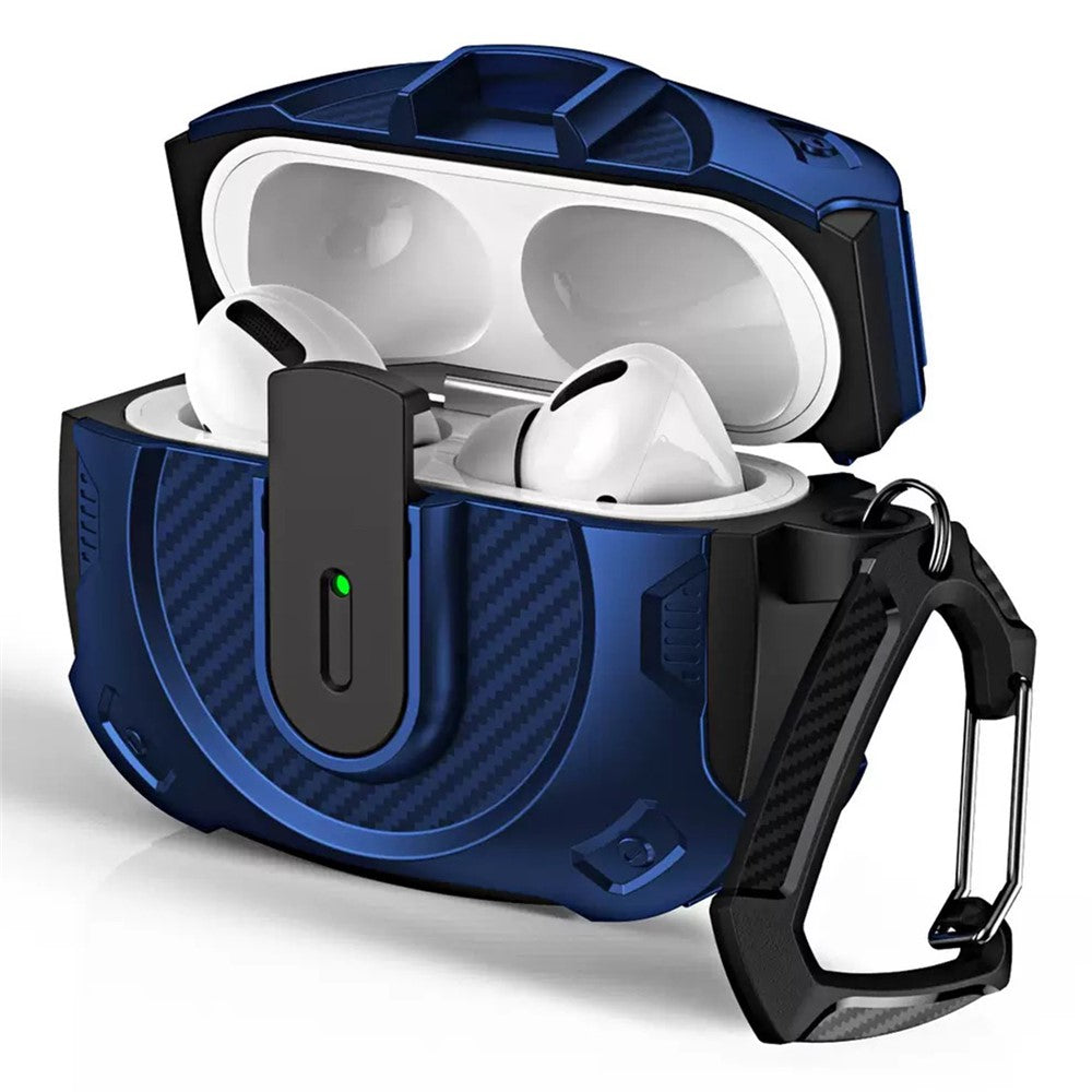 COTECI Compatible With  AirPods 5 / 4 Battle Armor Case Carbon Fiber PC + TPU Earphone Cover with Carabiner - Blue