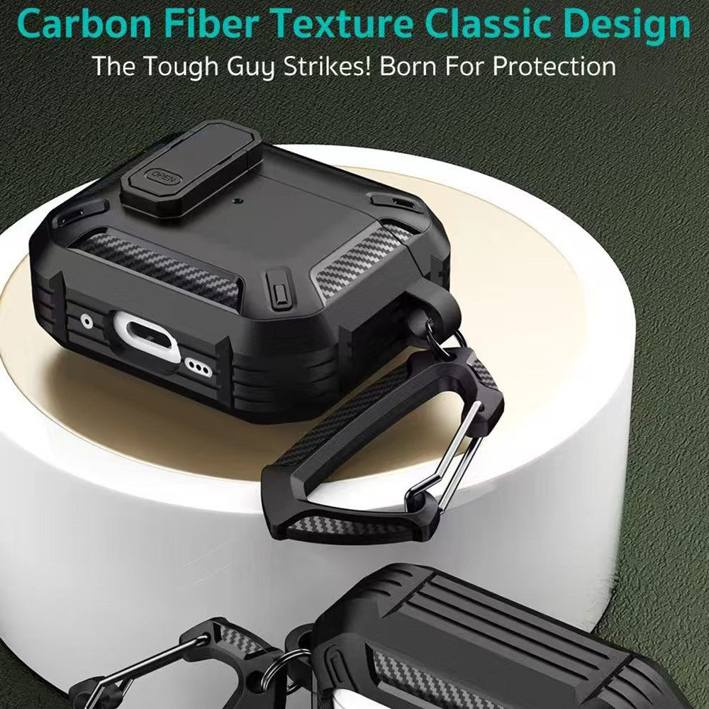 COTECI Compatible With  AirPods 5 / 4 Earbud Case Carbon Fiber PC + TPU Earphone Cover with Carabiner - Black