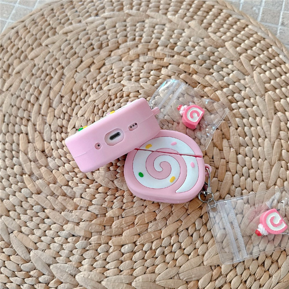 Compatible With  AirPods 5 / 4 Earphone Cover Pink Swiss Roll Shape PVC Protective Case with Pendant