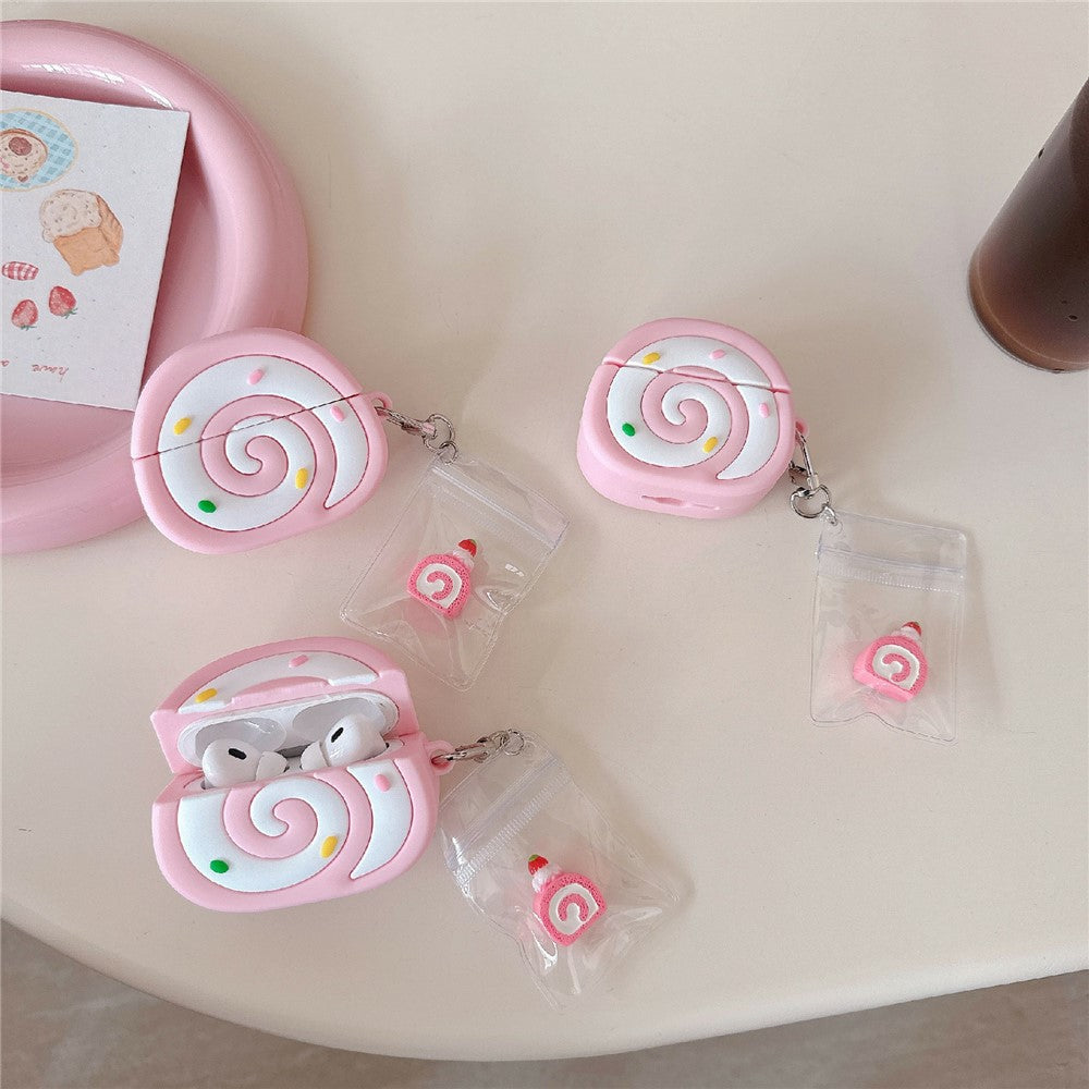 Compatible With  AirPods 5 / 4 Earphone Cover Pink Swiss Roll Shape PVC Protective Case with Pendant