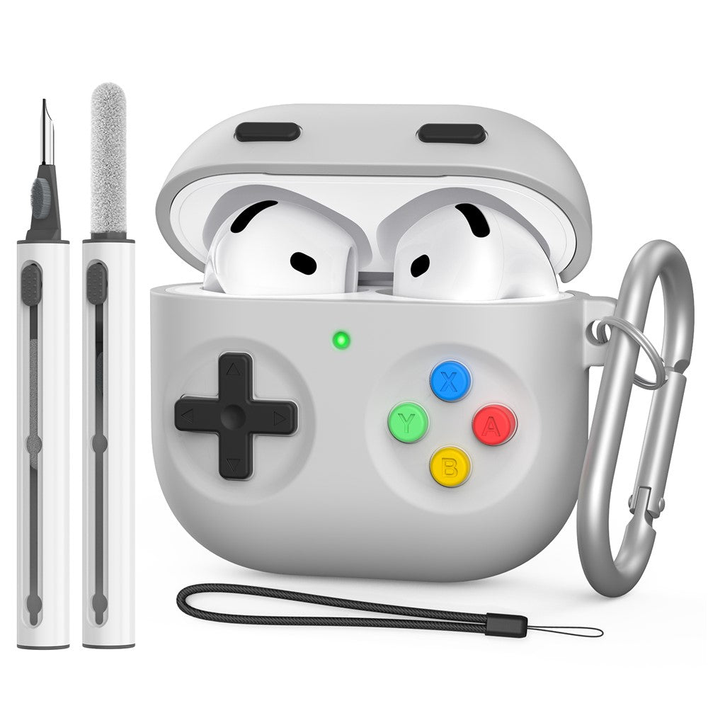 AHASTYLE DD10 Compatible With  AirPods 5 / 4 Silicone Case Game Controller Design Protective Cover with Cleaning Pen  /  Carabiner  /  Lanyard - Light Grey