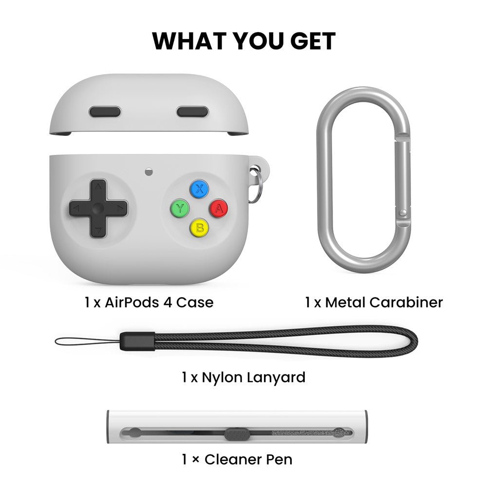 AHASTYLE DD10 Compatible With  AirPods 5 / 4 Silicone Case Game Controller Design Protective Cover with Cleaning Pen  /  Carabiner  /  Lanyard - Light Grey
