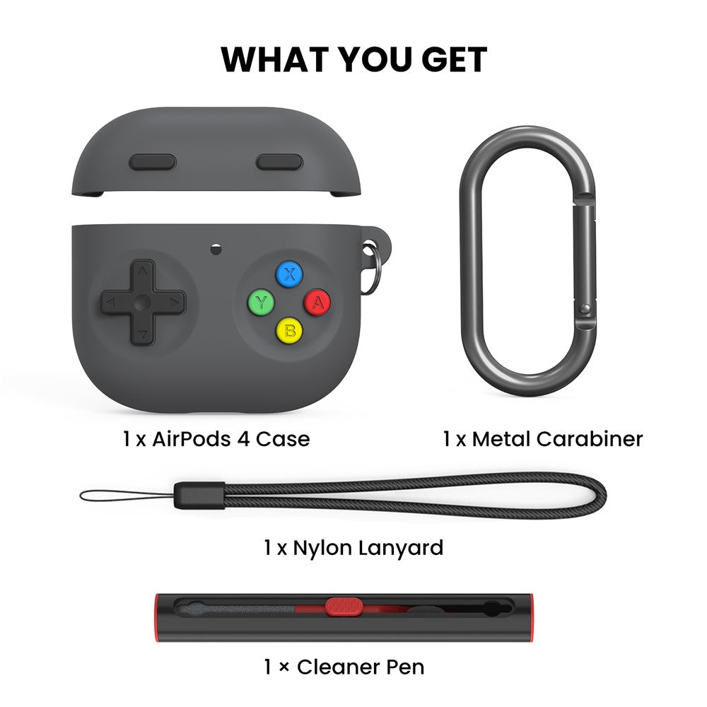 AHASTYLE DD10 Compatible With  AirPods 5 / 4 Silicone Case Game Controller Design Protective Cover with Cleaning Pen  /  Carabiner  /  Lanyard - Dark Grey