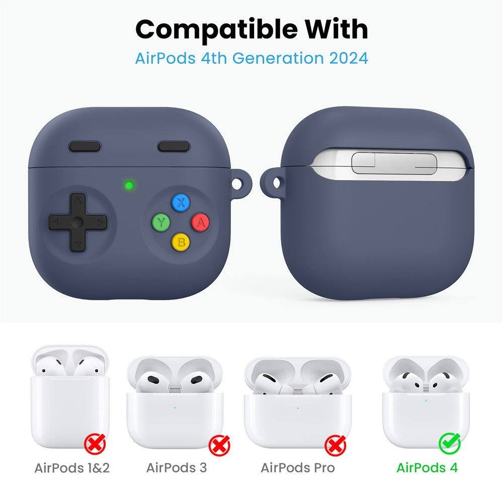 AHASTYLE DD10 Compatible With  AirPods 5 / 4 Silicone Case Game Controller Design Protective Cover with Cleaning Pen  /  Carabiner  /  Lanyard - Midnight Blue