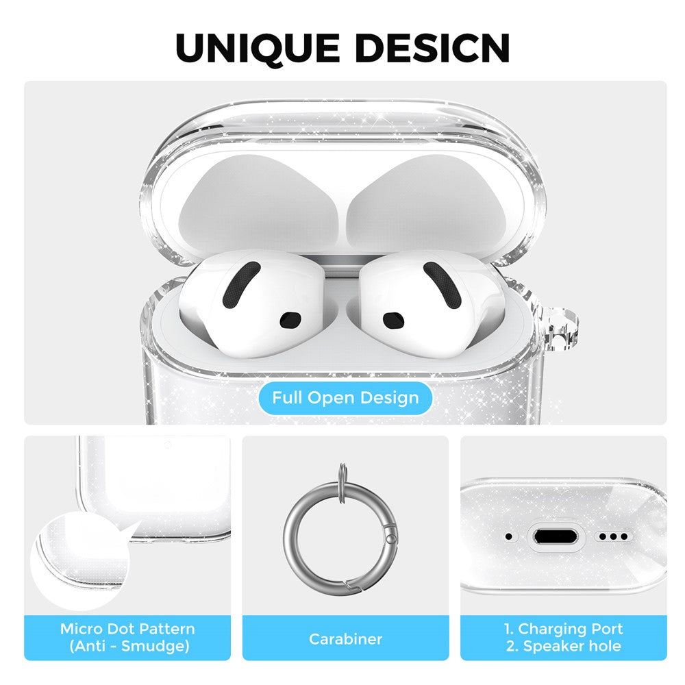 AHASTYLE WG164 Compatible With  AirPods 5 / 4 TPU Case Full Open Design Anti Yellow Protective Cover with Carabiner - Transparent Glitter